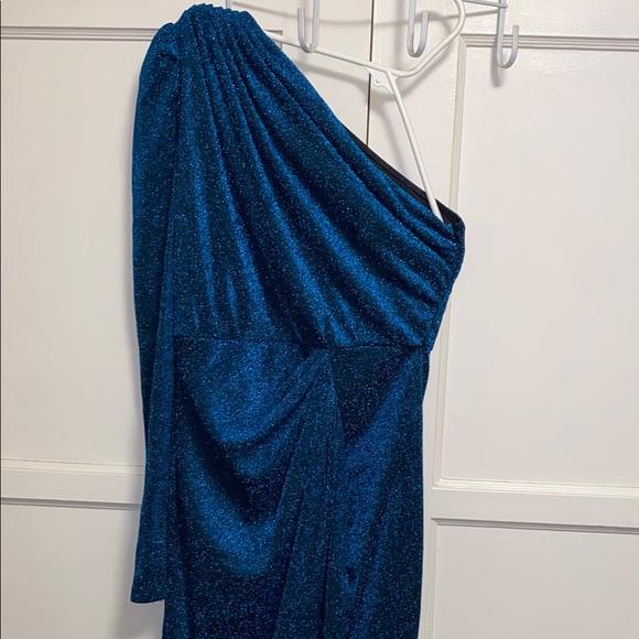 SHEIN Medium Blue Modely One Shoulder Wrap Hem Glitter Dress - Picture 2 of 12